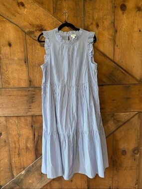 Blue & White Pinstripe Ruffle Sleeve Midi Dress